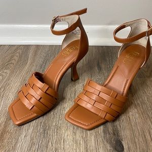 Franco Sarto, weaved heeled sandals with strap. Size 7